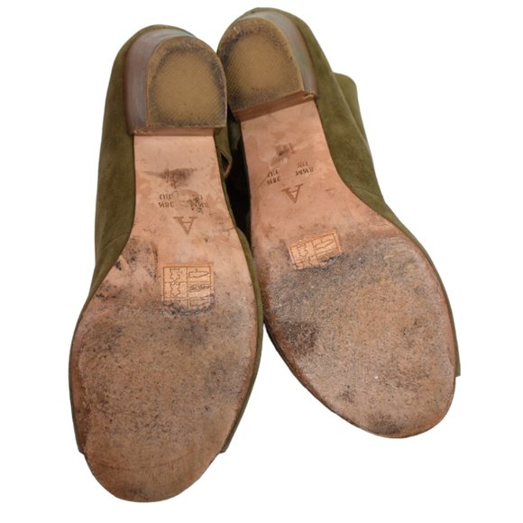 Anthropologie Heels 8.5 M Womens Scalloped Leather Open Toe Block Heel Taupe - Picture 11 of 12